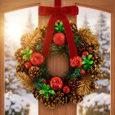 Corona Navideña Para Puerta 22cm Piñas Globos Adorno Caja Regalo - comprar online