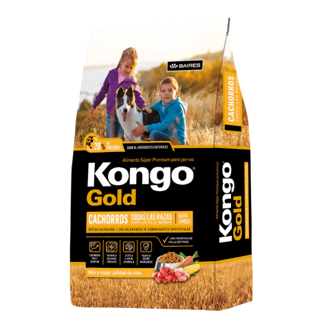 Bolsa de alimento Kongo Gold para cachorros de todas las razas, 15 kg, con imágenes de niños y un perro en un entorno natural.