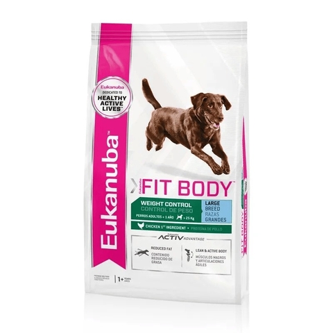 Envase de alimento seco Eukanuba Fit Body para perros adultos de razas grandes, 3 kg, con un perro marrón en la bolsa.