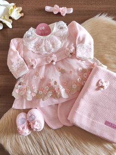 Kit Saída de Maternidade Luxo Elisa - Renda Flores - Rosa bebê 4 peças - comprar online