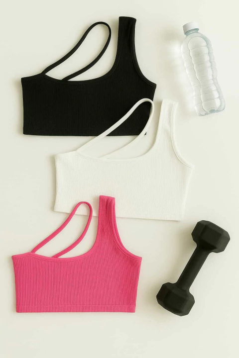 Kit 3 Tops Um Ombro Com Alça Cruzada Canelado - comprar online