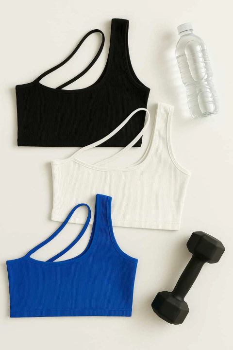 Kit 3 Tops Um Ombro Com Alça Cruzada Canelado - comprar online