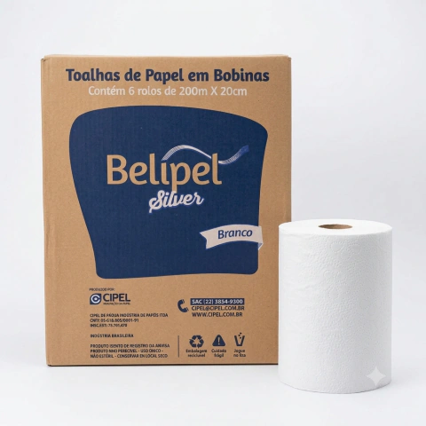 Papel Toalha Bobina 20cm x 200metros Caixa com 6 Rolos