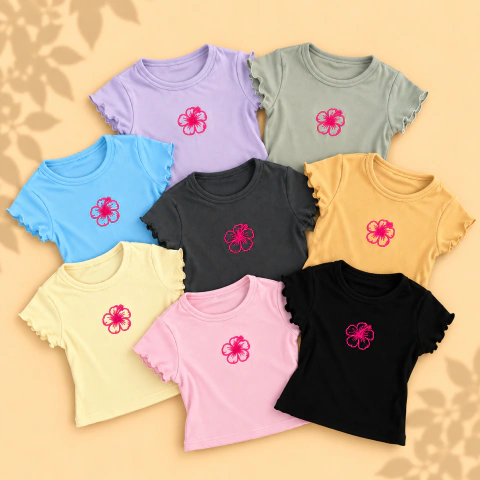 Curva completa- Remera flor bordada micro morley niña premium