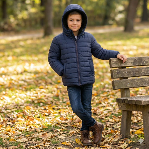 Curva completa- Campera niño escolar con corderito interno y capucha desmontable azul