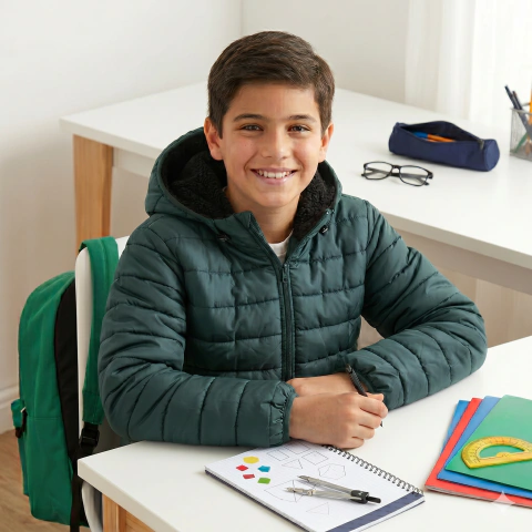 Curva completa- Campera niño escolar con corderito interno y capucha desmontable verde