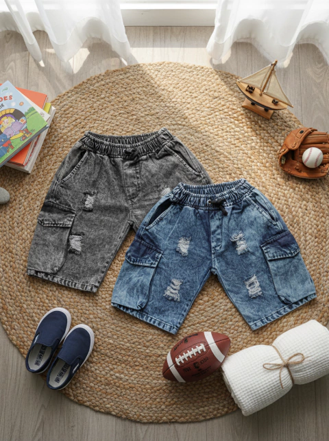 Curva surtida- Bermuda jean cargo niño con elástico y roturas - comprar online