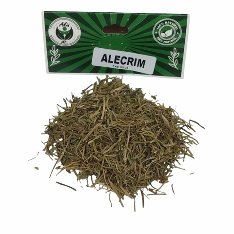 Pacote aberto com 15g de folha seca de Alecrim, produto artesanal pronto para uso em rituais de Umbanda e Candomblé.