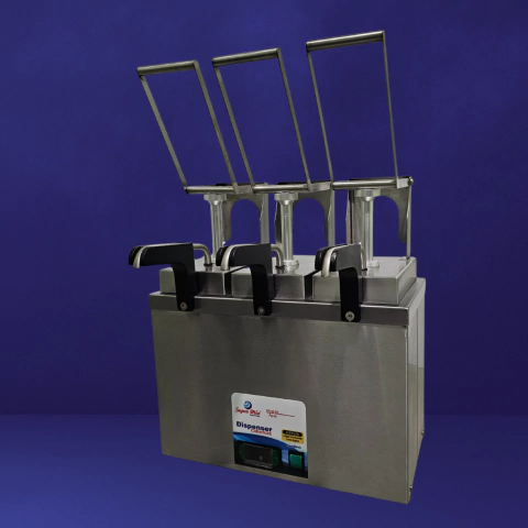 Dispenser de cobertura com tubo aquecido e 3 bombas, em aço inox, para uso em açaiterias, gelaterias e restaurantes