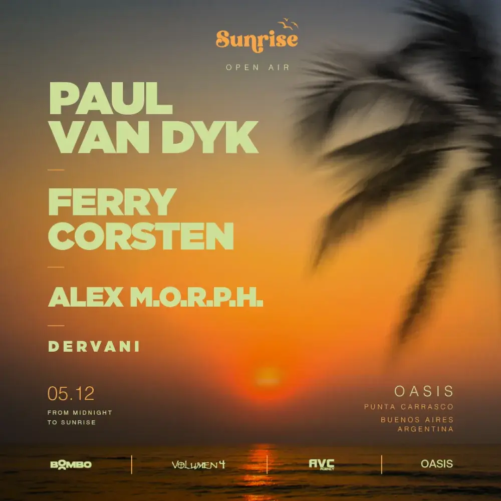 Flyer de Sunrise · Paul van Dyk + Ferry Corsten en Oasis · Punta Carrasco, 2026-12-05