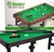 Mesa de bilhar snooker infantil com superfície verde, tacos pretos e bolas coloridas, indicada para crianças a partir de 3 anos