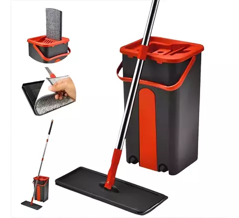 Mop Flat com Balde e Refil Lavável para Limpeza de Pisos