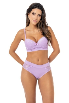 543- CONJUNTO EM RENDA COM DETALHES EM MICROFIBRA, CINTA REFORÇADA - CALCINHA FIO DUPLO