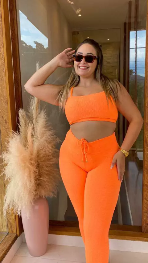 CONJUNTO FITNESS CALÇA ANARRUGA LARANJA NEON