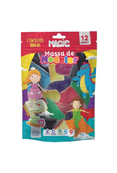 Massinha de Modelar - 12 Cores - 6 Moldes + 1 Rolinho - 300g - Magic