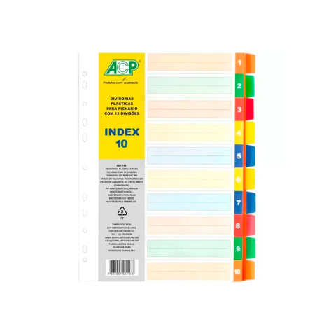 Divisória Plástica - Para Fichário Universitário - Index 10 Colorida - ACP