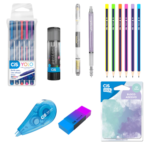 Kit escolar CIS com canetas coloridas, cola, lapiseira, lápis, borracha, corretivo e bloco adesivo.