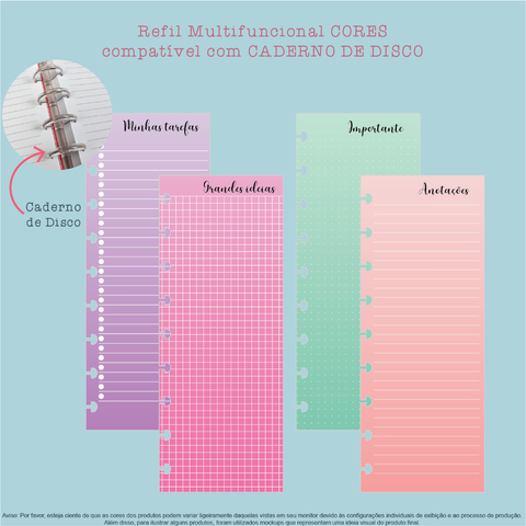 Refil Multifuncional Cores para Caderno de Disco - 40 folhas (Anotações, Minhas Tarefas, Importante e Grandes Ideias)