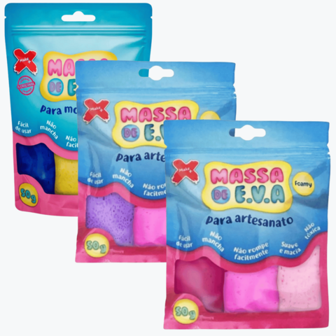 Kit de massinha de EVA com três pacotes de 50g.