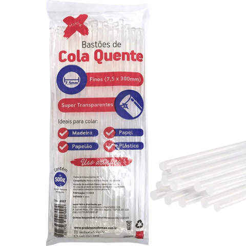 Pacote de bastões de cola quente fina, 500g, marca Make+, ideal para colagem de madeira, papel e plástico.