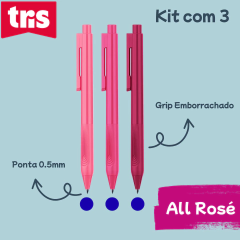Kit com 3 Canetas Gel Holic All Rosé - 0.5mm - Tinta Azul