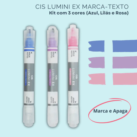 Kit com 3 marca-textos CIS Lumini EX nas cores rosa, azul e lilás, com a funcionalidade de marcar e apagar.
