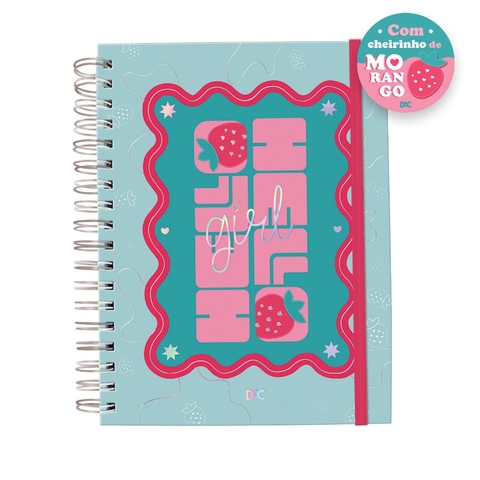 Caderno DAC Smart Universitário Hello com capa azul e ilustrações de morangos, com folhas reposicionáveis e aroma de morango.