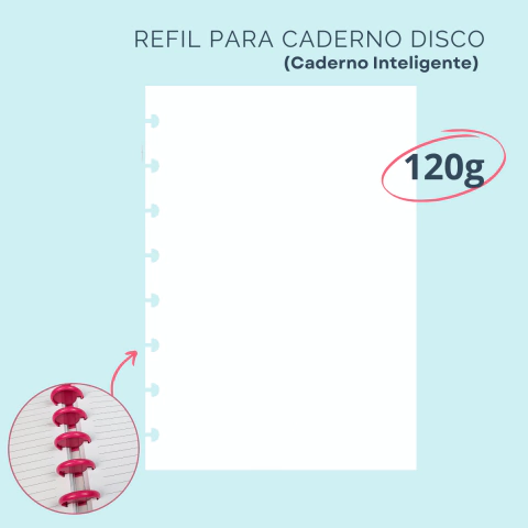 Refil branco para caderno com 50 folhas de papel 120g, ideal para cadernos com discos.