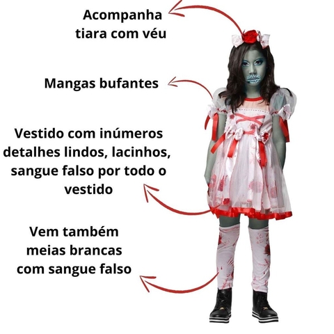 COSPLAY FANTASIA HALLOWEEN NOIVA ZUMBI INFANTIL TAMANHO M