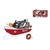 Barco de brinquedo da equipe de resgate, vermelho e branco, com detalhes em preto e um colete salva-vidas ao lado.