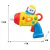 Brinquedo educativo para bebês em forma de furadeira, com um personagem divertido no topo, medindo 17,5 cm de altura por 17 cm de largura e 5 cm de profundidade.