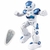Brinquedo robô inteligente com controle por gestos e controle remoto, em cores azul e branca.