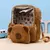 Mochila de capivara transparente em pelúcia, com detalhe de rosto de capivara na parte frontal e interior estampado.