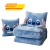Conjunto de almofadas e cobertor com estampa do personagem Stitch, da Disney, em tons de azul.