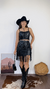 Conjunto saia de Franjas finas em couro e cropped alcinha Preto