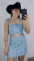Conjunto Saia e Cropped Jeans Strass com pérolas