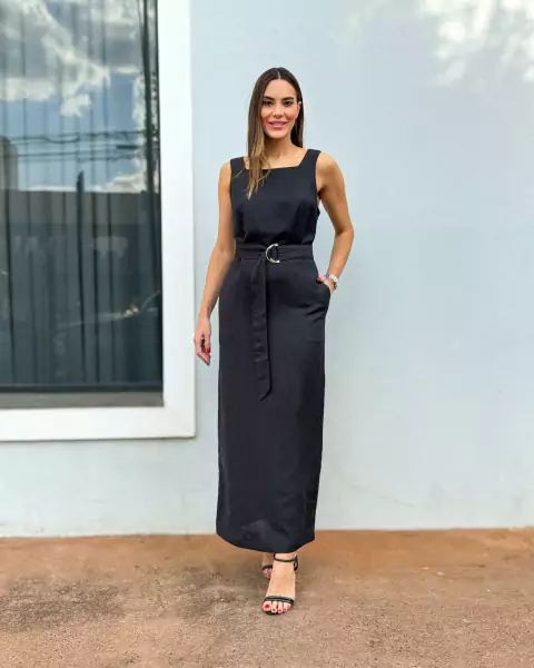 VESTIDO MIDI COM CINTO E BOLSO EM LINEN FRESH PRETO 1111235