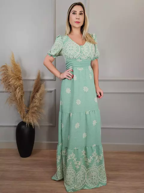 Vestido Longo Manguinha Detalhe Botão Zoey Estampado Verde