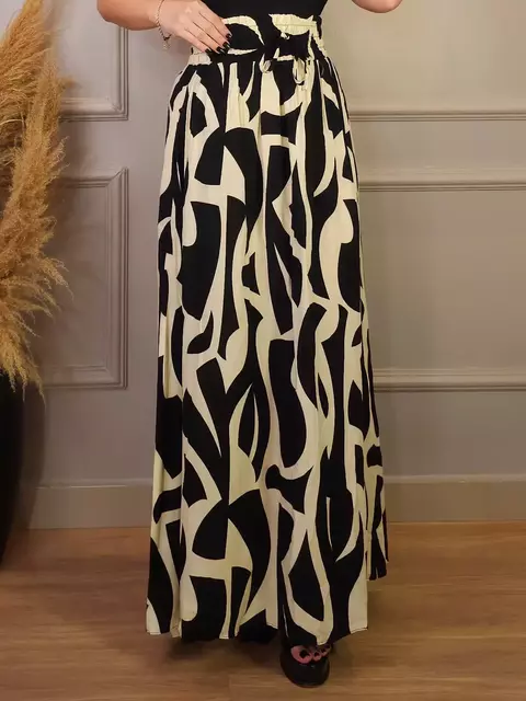 Saia Longa Com Elástico Na Cintura Giane Estampada Preta