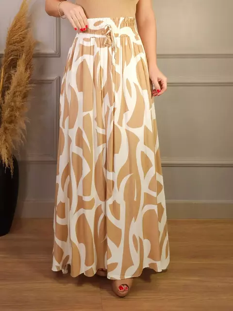 Saia Longa Com Elástico Na Cintura Giane Estampado c/ Nude