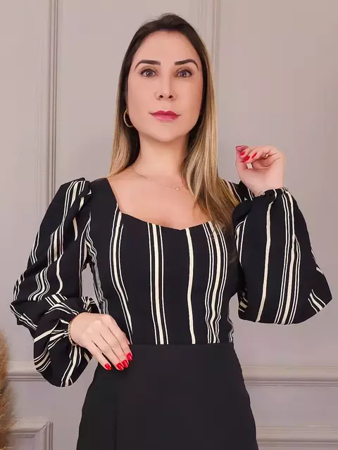 Cropped Duna Manga Longa Sheilla Listrado Preto