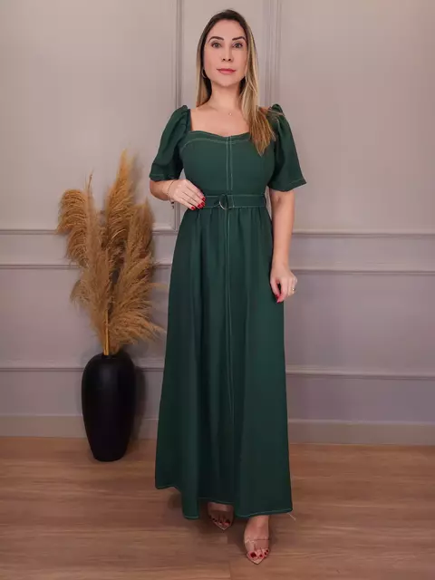 Vestido Longo Manga Curta C/ Cinto Kalinne Verde Militar