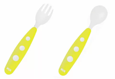 Kit Colher e Garfo Infantil MINI TALHERES de Aprendizagem USO Acima de 8 Meses COR Amarela Nuk