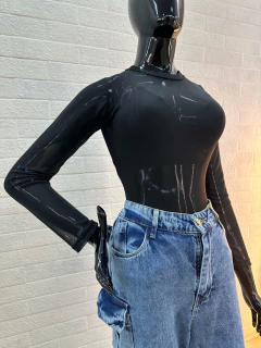Body de Tule Preto - Manga Longa, Justo e Elegante na internet