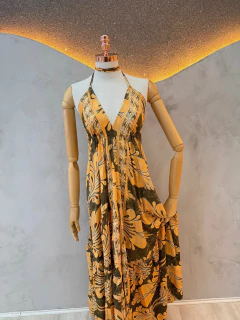 Vestido Longo Estilo Indiano Estampado - Alça Halter e Decote Profundo