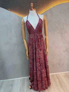 Vestido Longo Estilo Indiano Estampado - Alça Halter e Decote Profundo