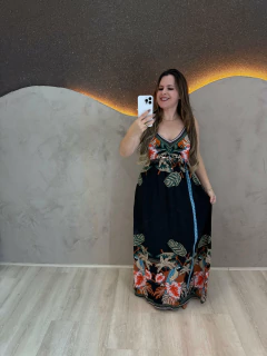 Vestido Longo de Viscose com Estampa Étnica e Floral na internet