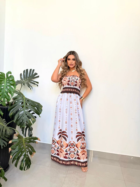Vestido Longo em Poliéster Tomara que Caia com Estampa Exclusiva - Leveza e Sofisticação - comprar online