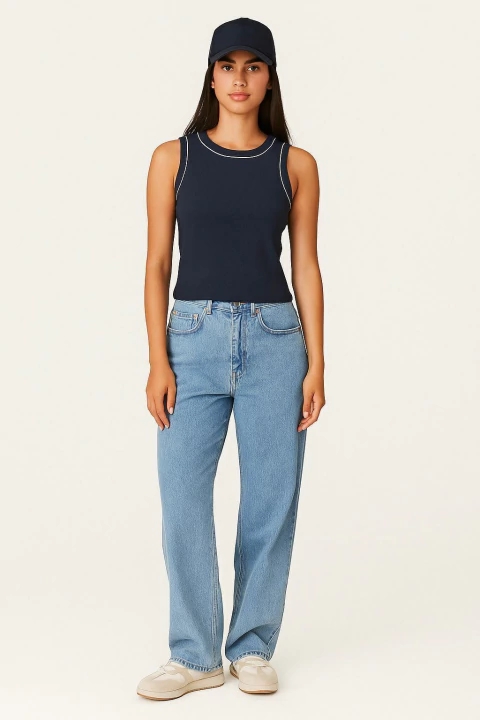 BLUSA REGATA CANELADA DE ALGODÃO COM ELASTANO