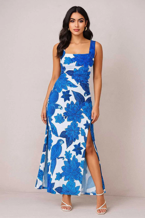 Vestido Longo em Suplex - Decote Quadrado, Bojo, Detalhe em X nas Costas e Duas Fendas Laterais